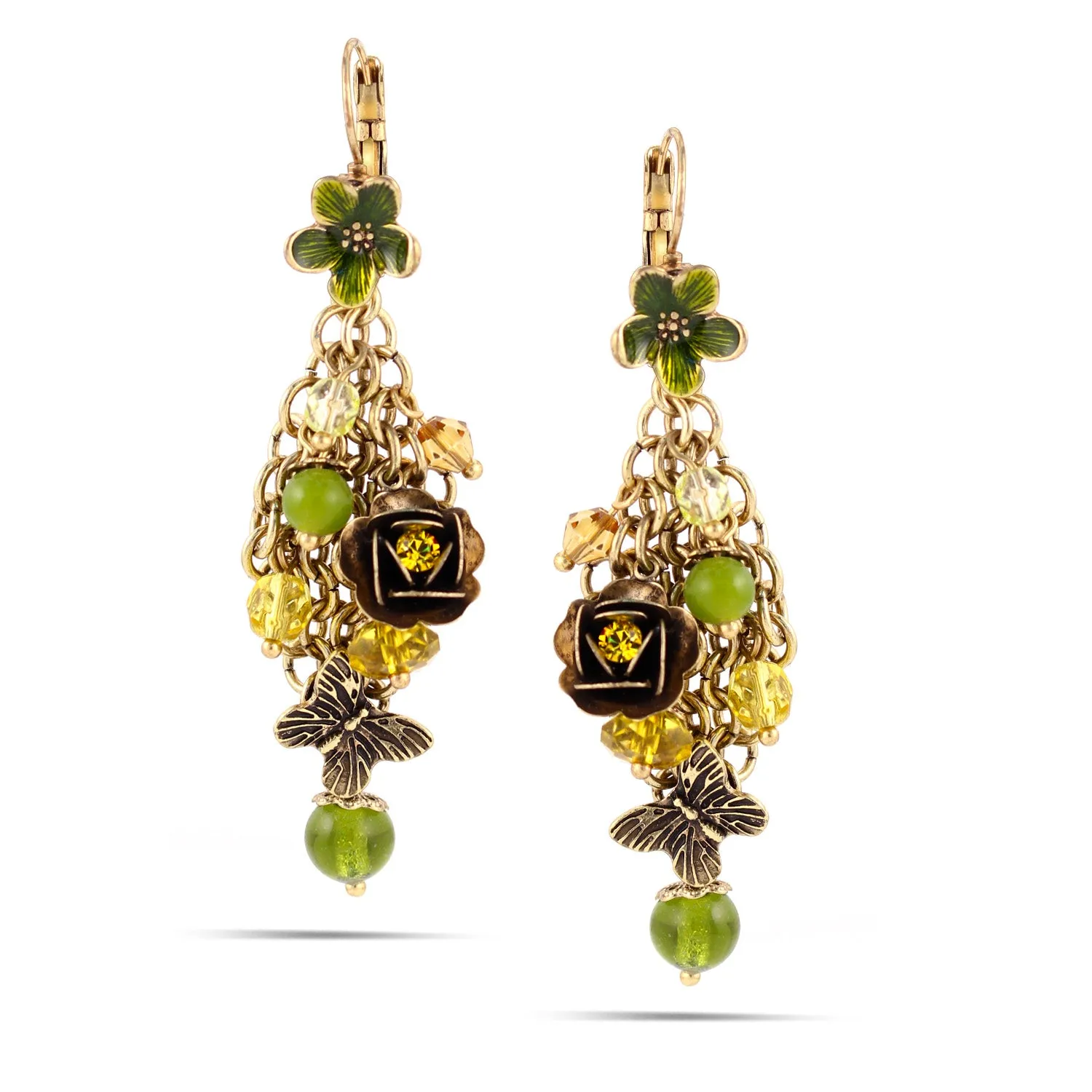 GOLD GREEN FLOWER CRYSTAL DROP EARRINGS #216GN3701 (1E7/1C4)
