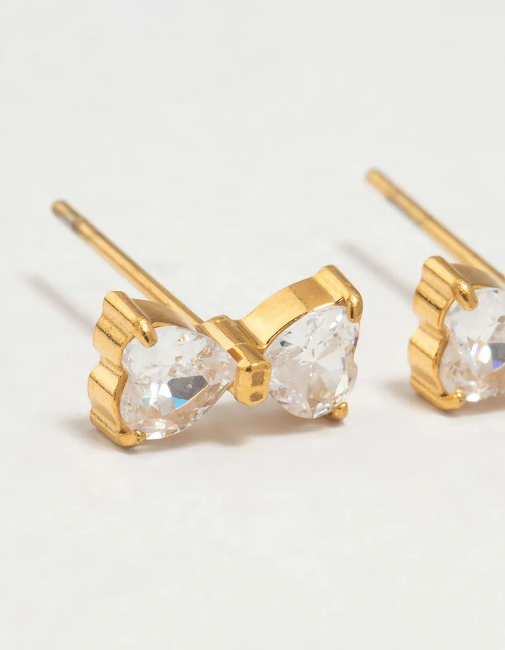 Gold Plated Surgical Steel Cubic Zirconia Heart Bow Stud Earrings