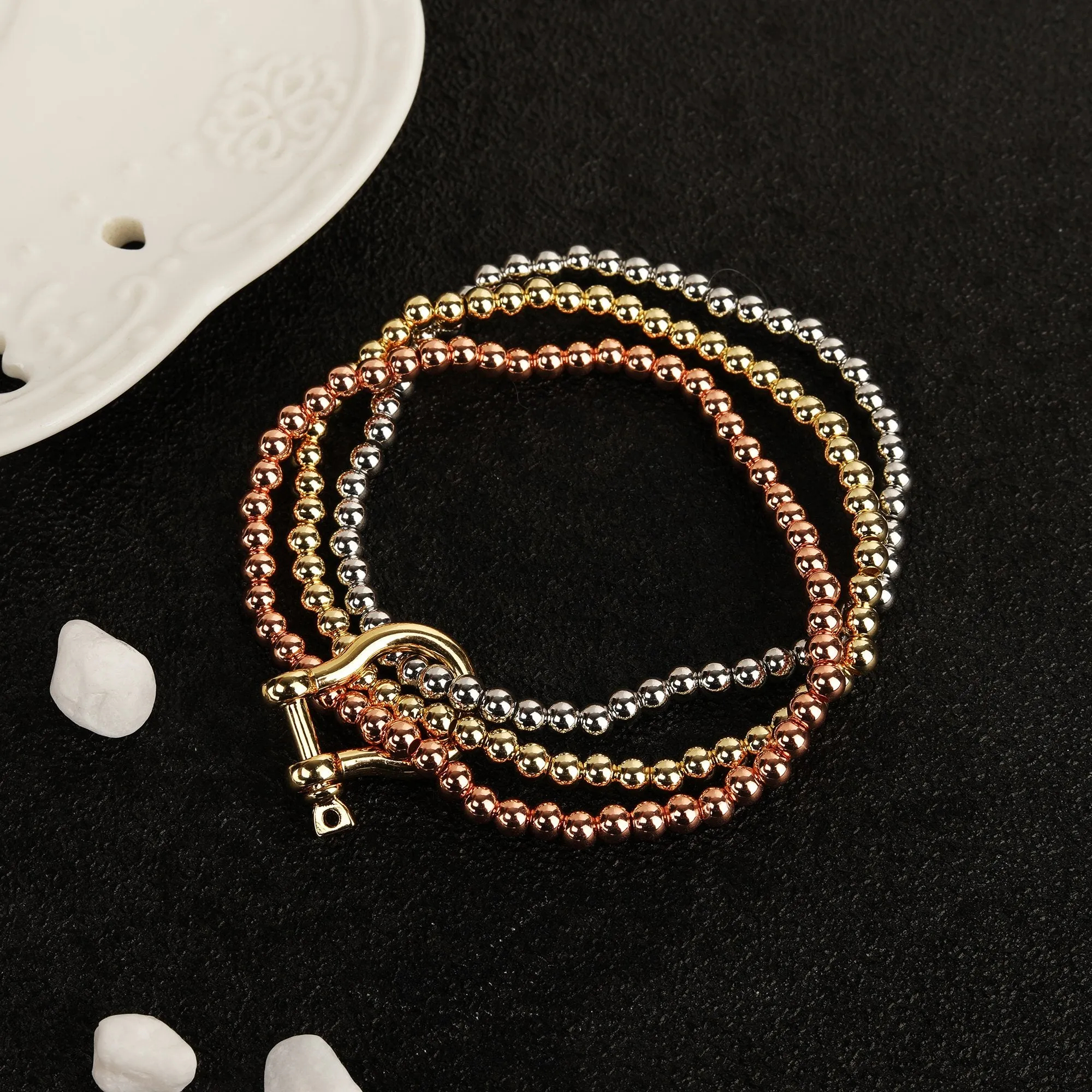 Gold Plated Tri-Color Trendy Shoe Horn Buckle Clip Bracelet