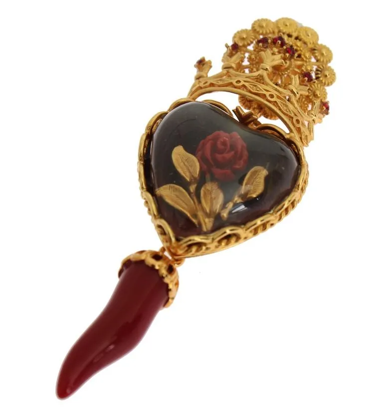 Gold Red Crystal Roses Heart Dangling Clip On Earring