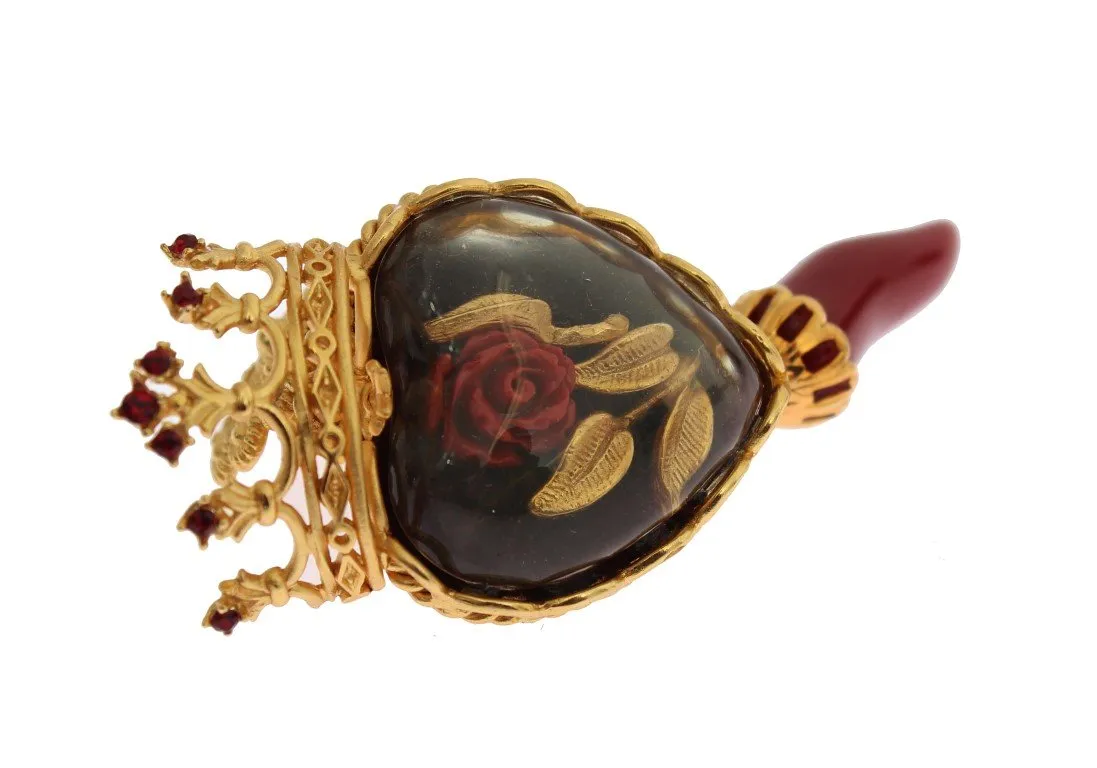 Gold Red Crystal Roses Heart Dangling Clip On Earring