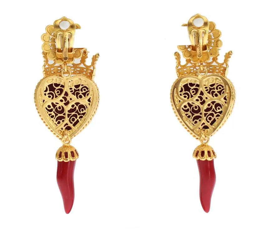 Gold Red Crystal Roses Heart Dangling Clip On Earring