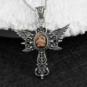 Gothic Pearl Skull Angel Wing Pendant Necklace