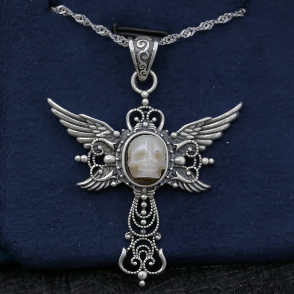 Gothic Pearl Skull Angel Wing Pendant Necklace