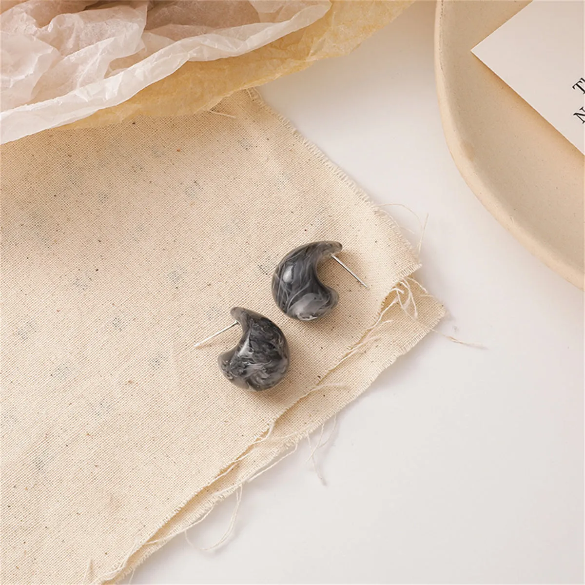 Gray Resin & Silver-Plated Rounded Drop Huggie Earrings