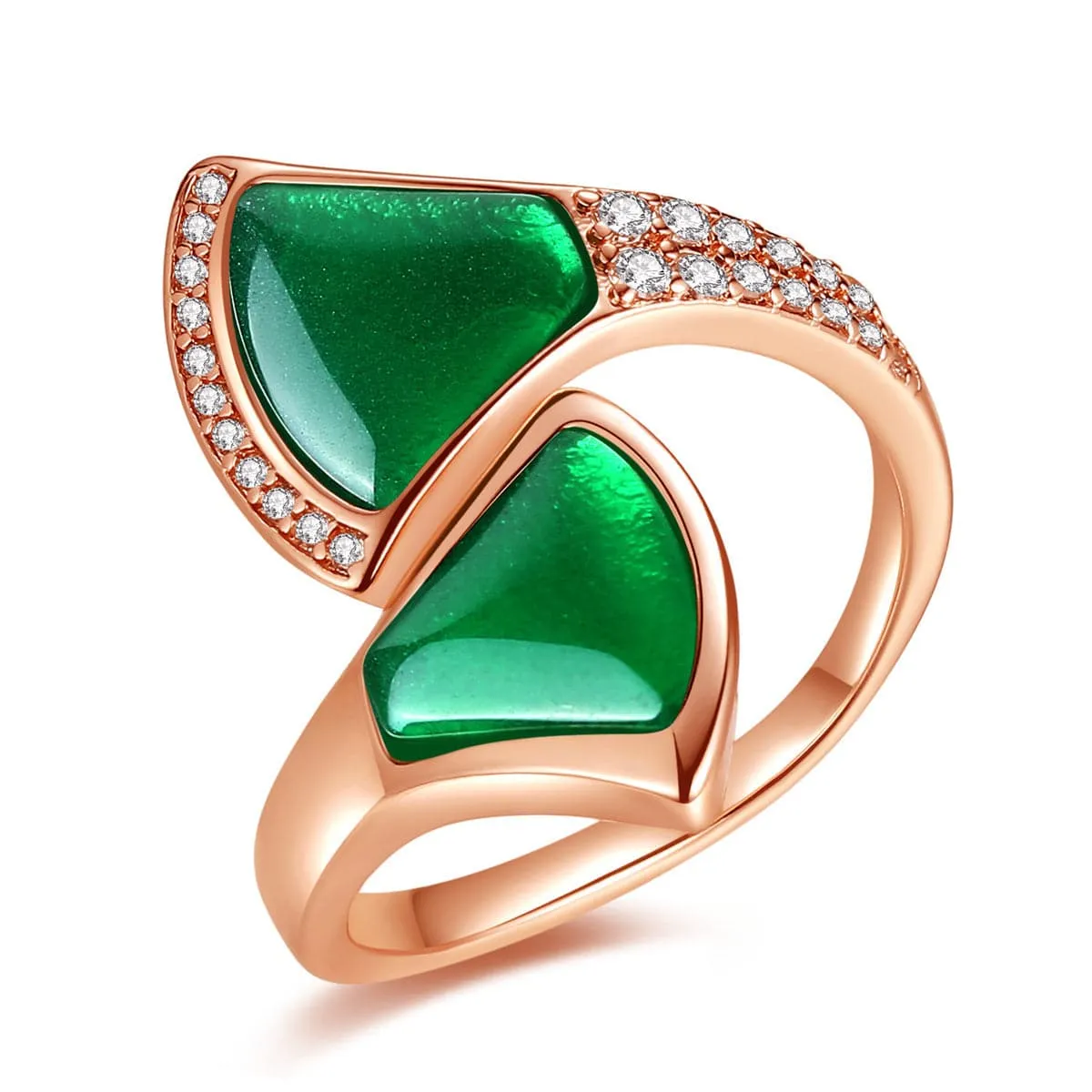 Green Agate & Cubic Zirconia Fan Bypass Ring