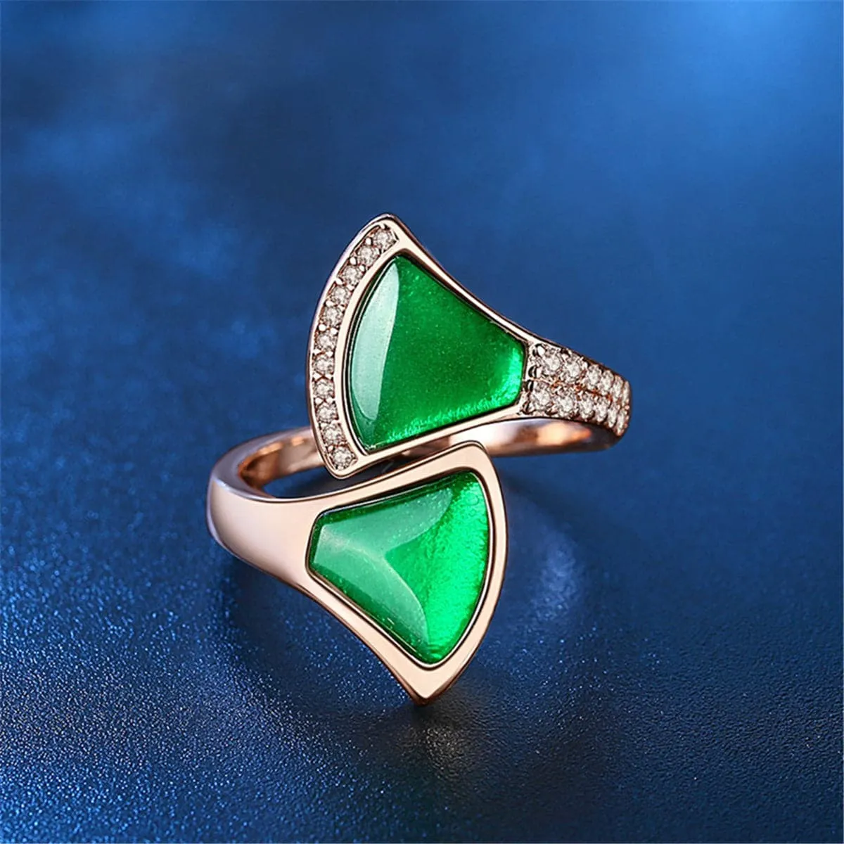 Green Agate & Cubic Zirconia Fan Bypass Ring