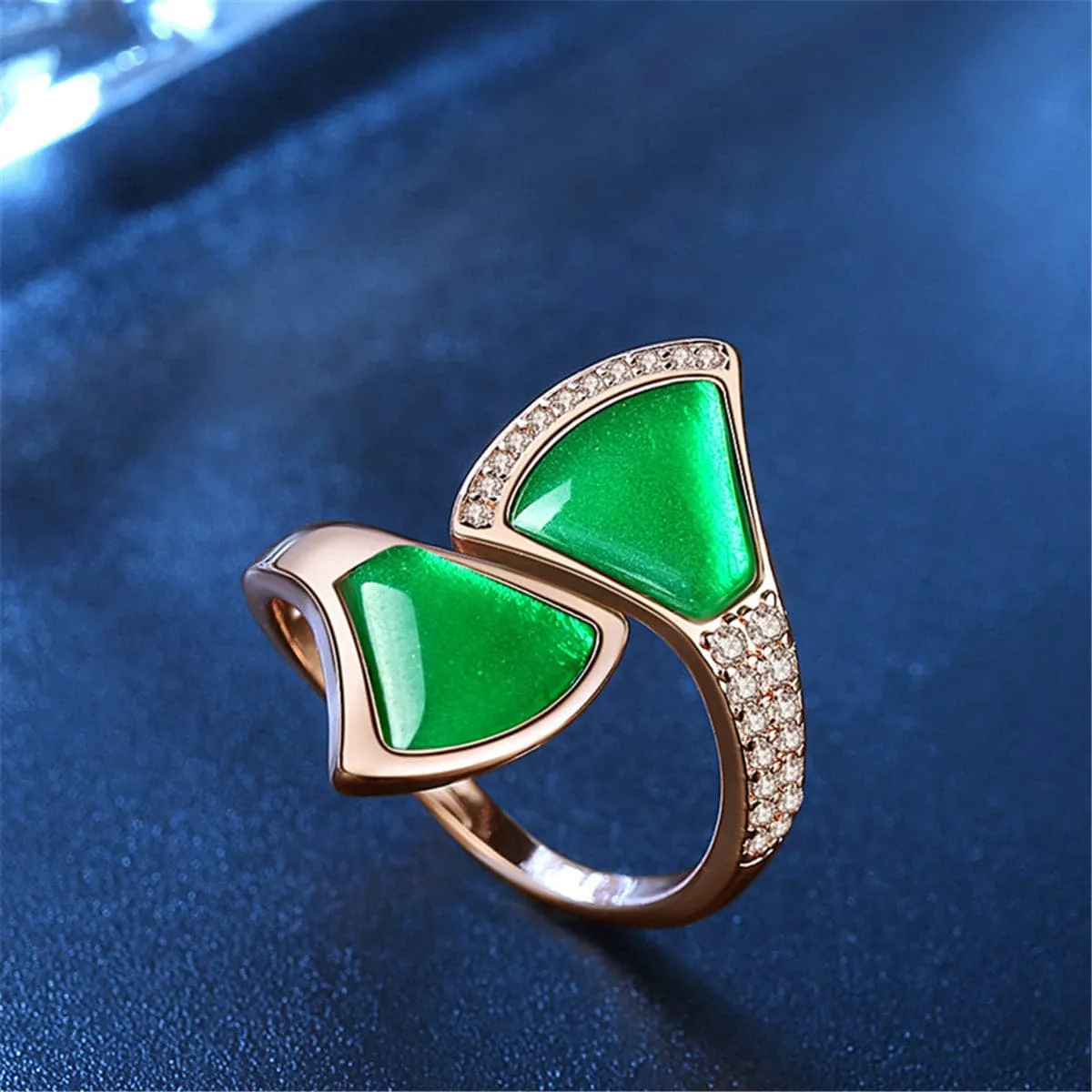 Green Agate & Cubic Zirconia Fan Bypass Ring