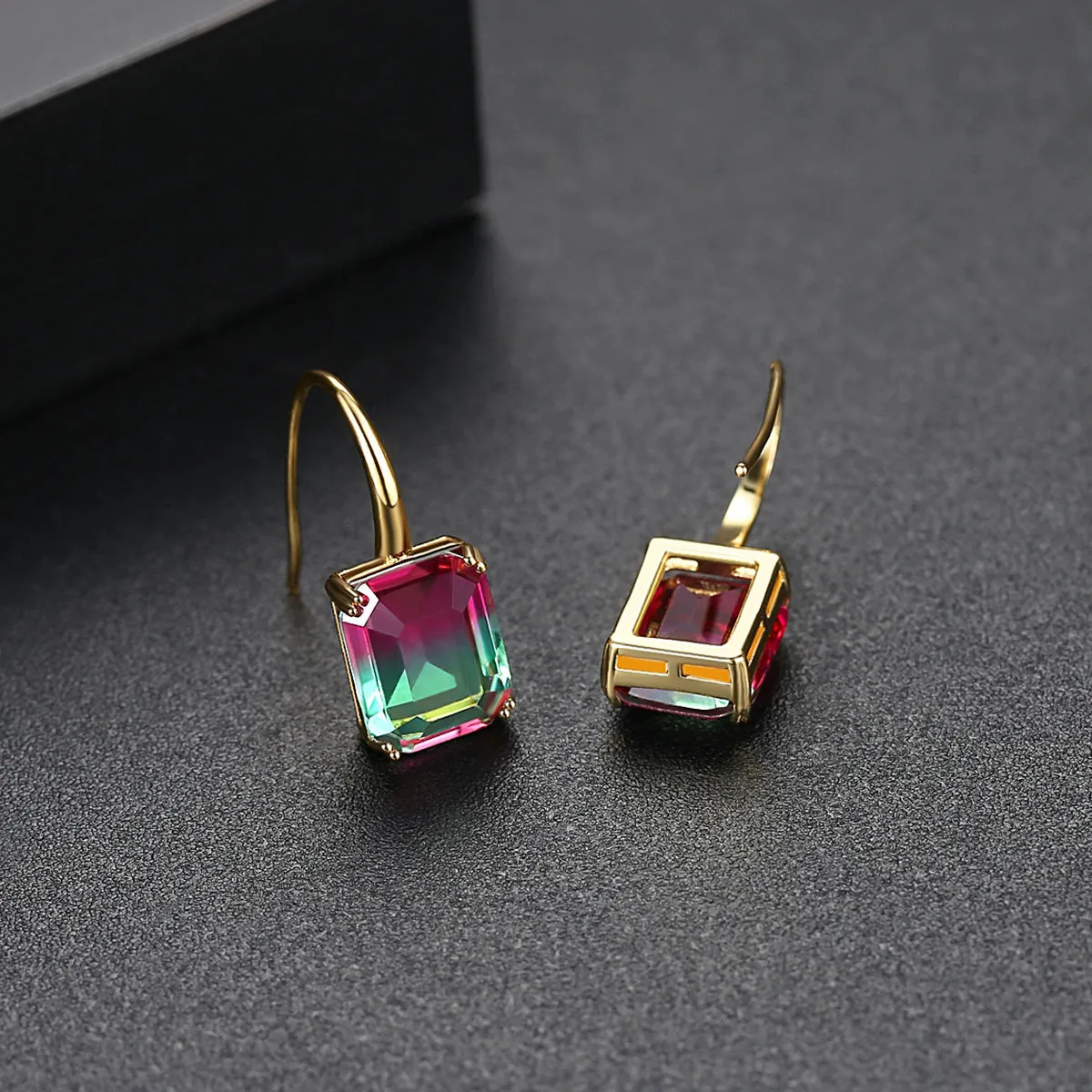 Green & Pink Crystal Emerald-Cut Drop Earrings
