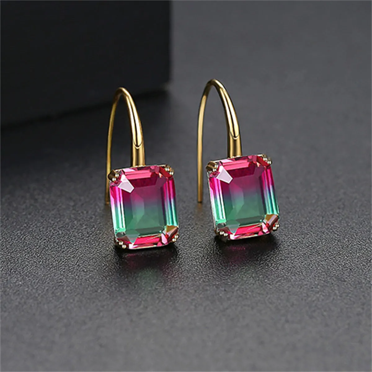 Green & Pink Crystal Emerald-Cut Drop Earrings