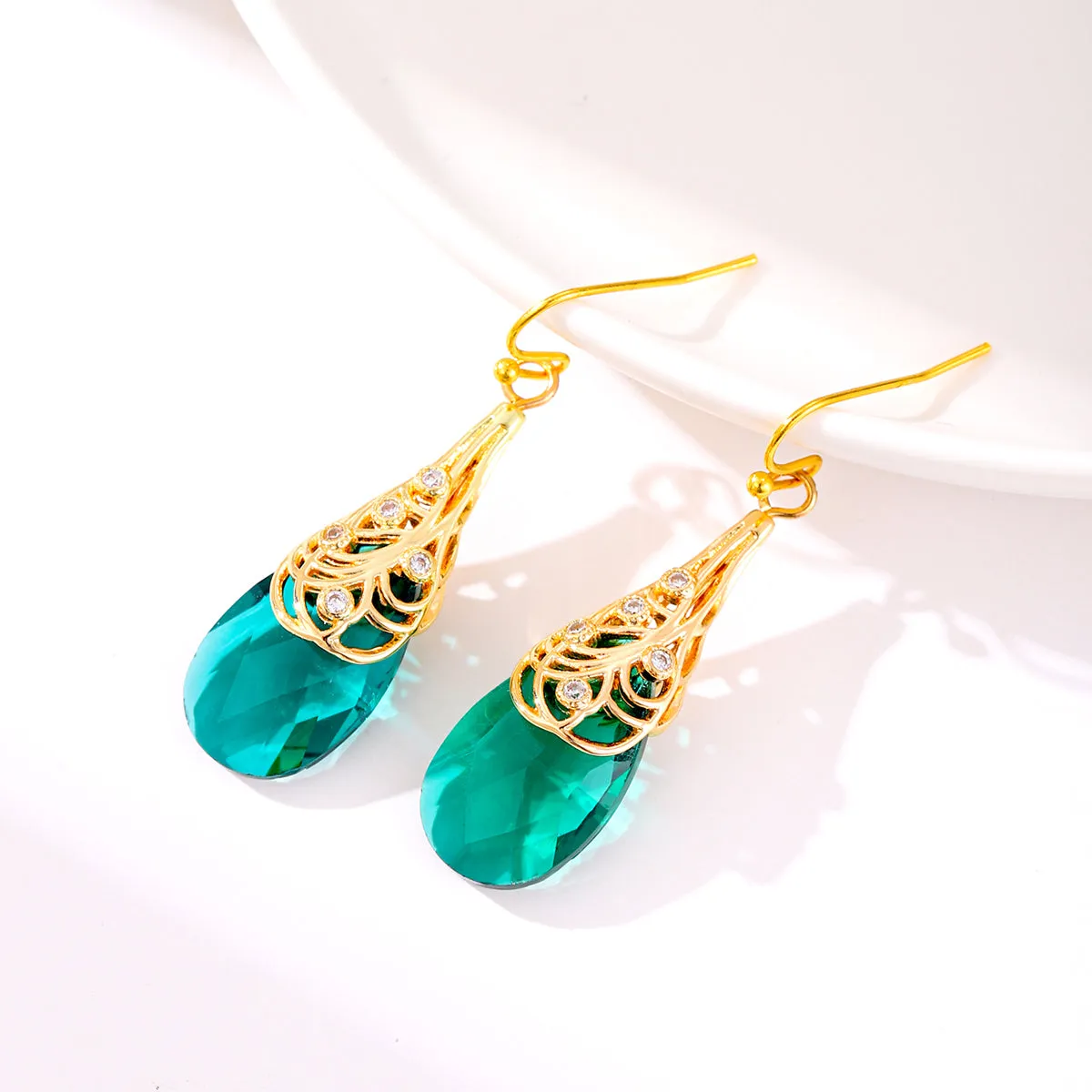 Green Crystal & Cubic Zirconia Drop Earrings