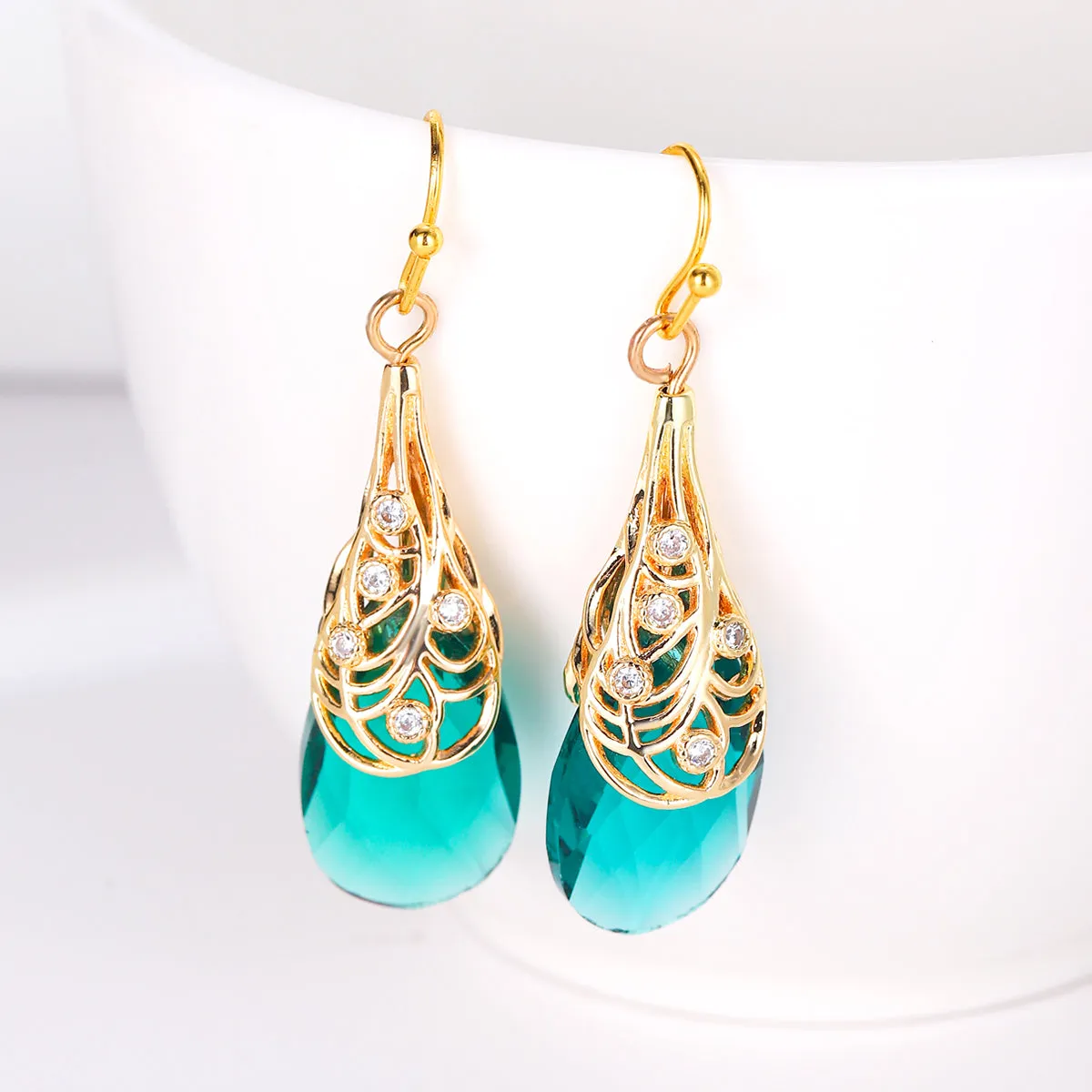 Green Crystal & Cubic Zirconia Drop Earrings