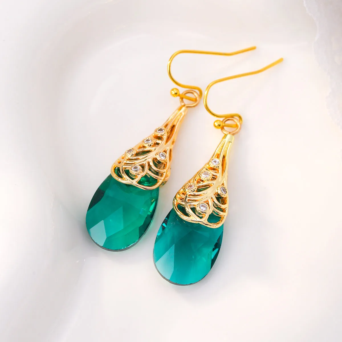 Green Crystal & Cubic Zirconia Drop Earrings