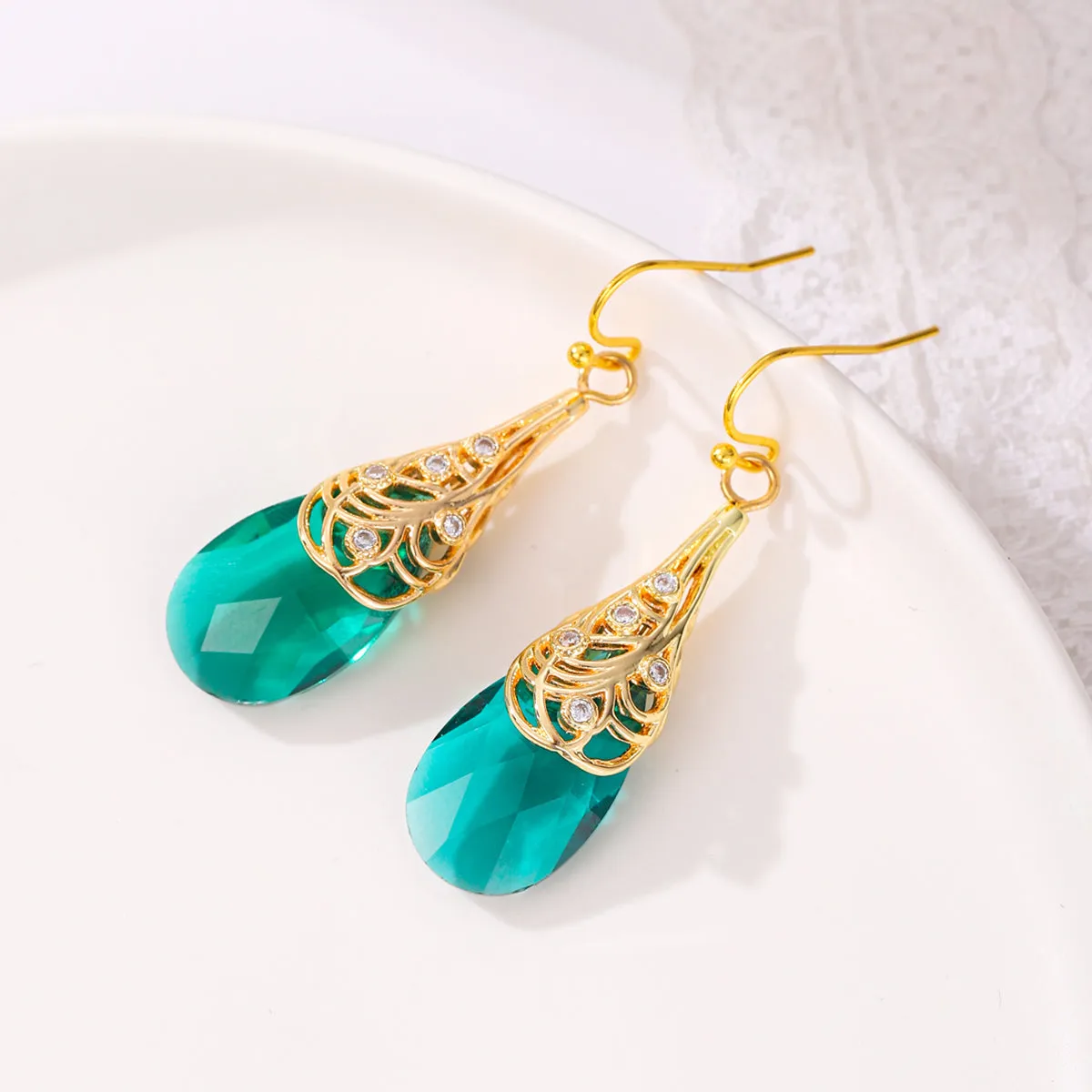 Green Crystal & Cubic Zirconia Drop Earrings