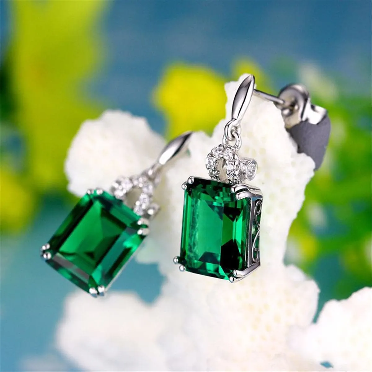 Green Crystal & Cubic Zirconia Princess-Cut Drop Earrings