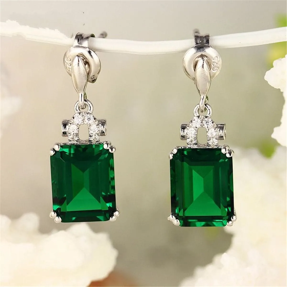 Green Crystal & Cubic Zirconia Princess-Cut Drop Earrings