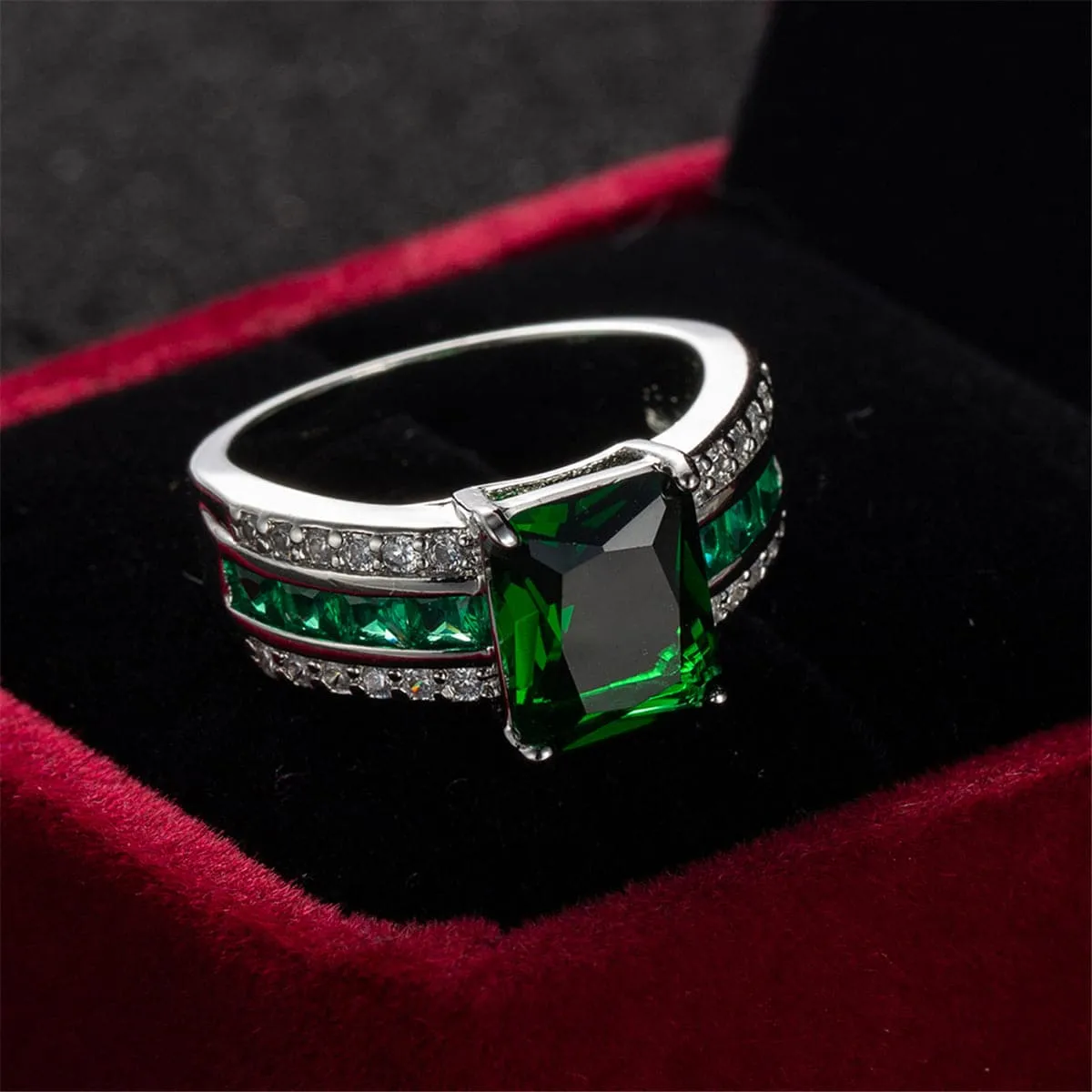 Green Crystal & Cubic Zirconia Princess-Cut Ring