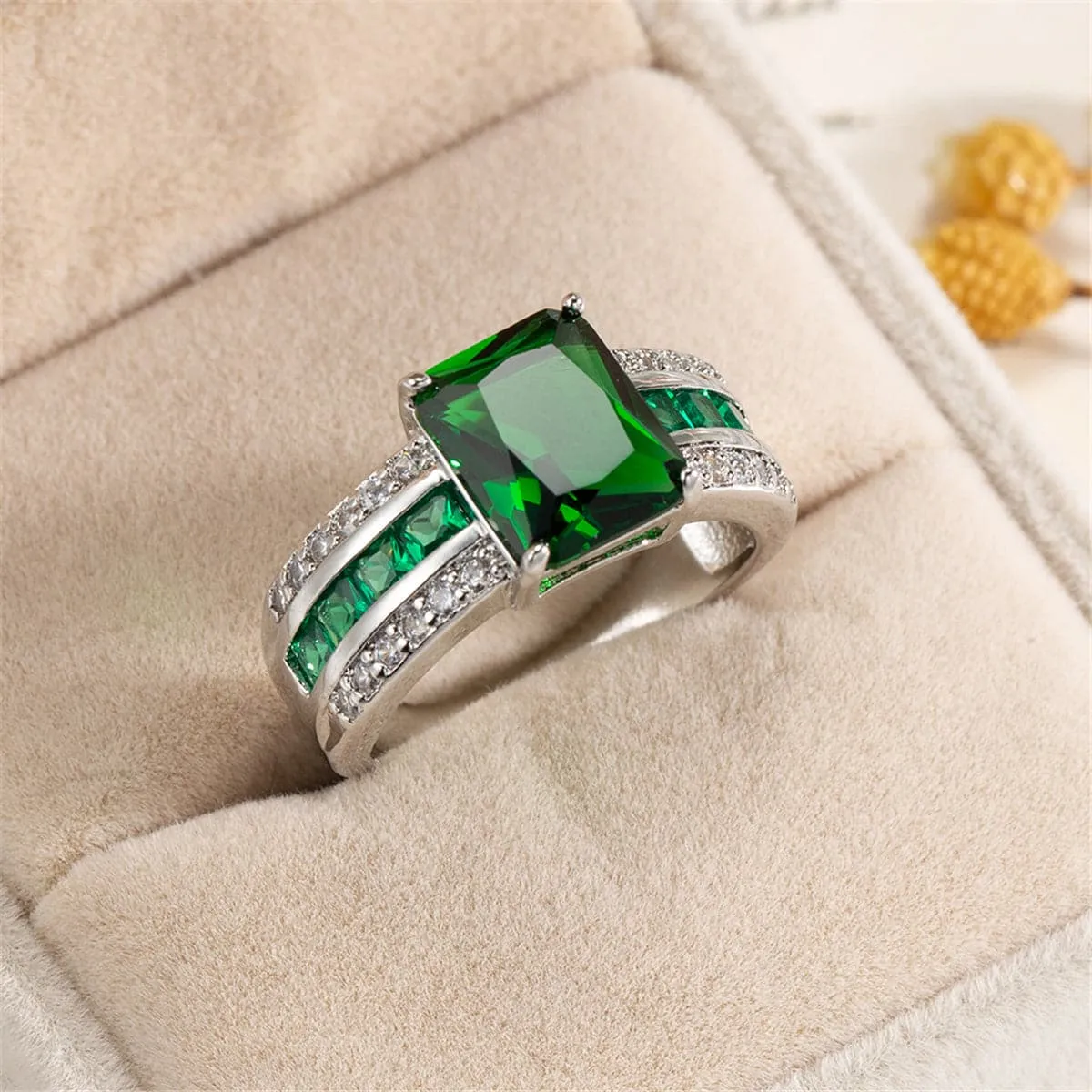 Green Crystal & Cubic Zirconia Princess-Cut Ring