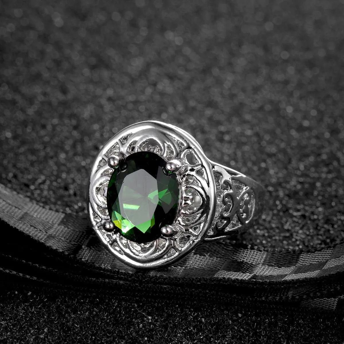 Green Crystal & Silver-Plated Floral Ring