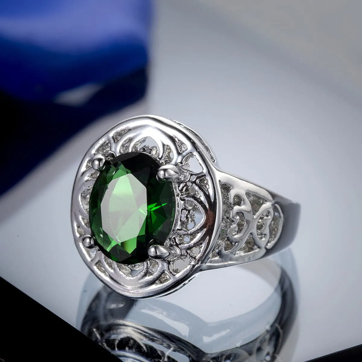 Green Crystal & Silver-Plated Floral Ring