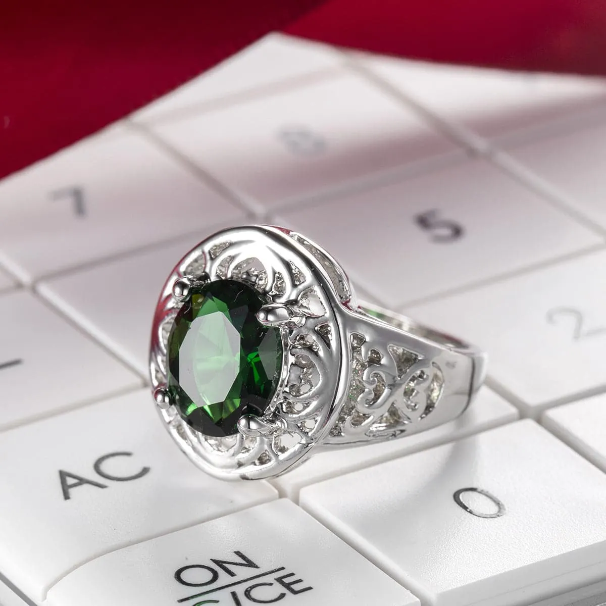 Green Crystal & Silver-Plated Floral Ring