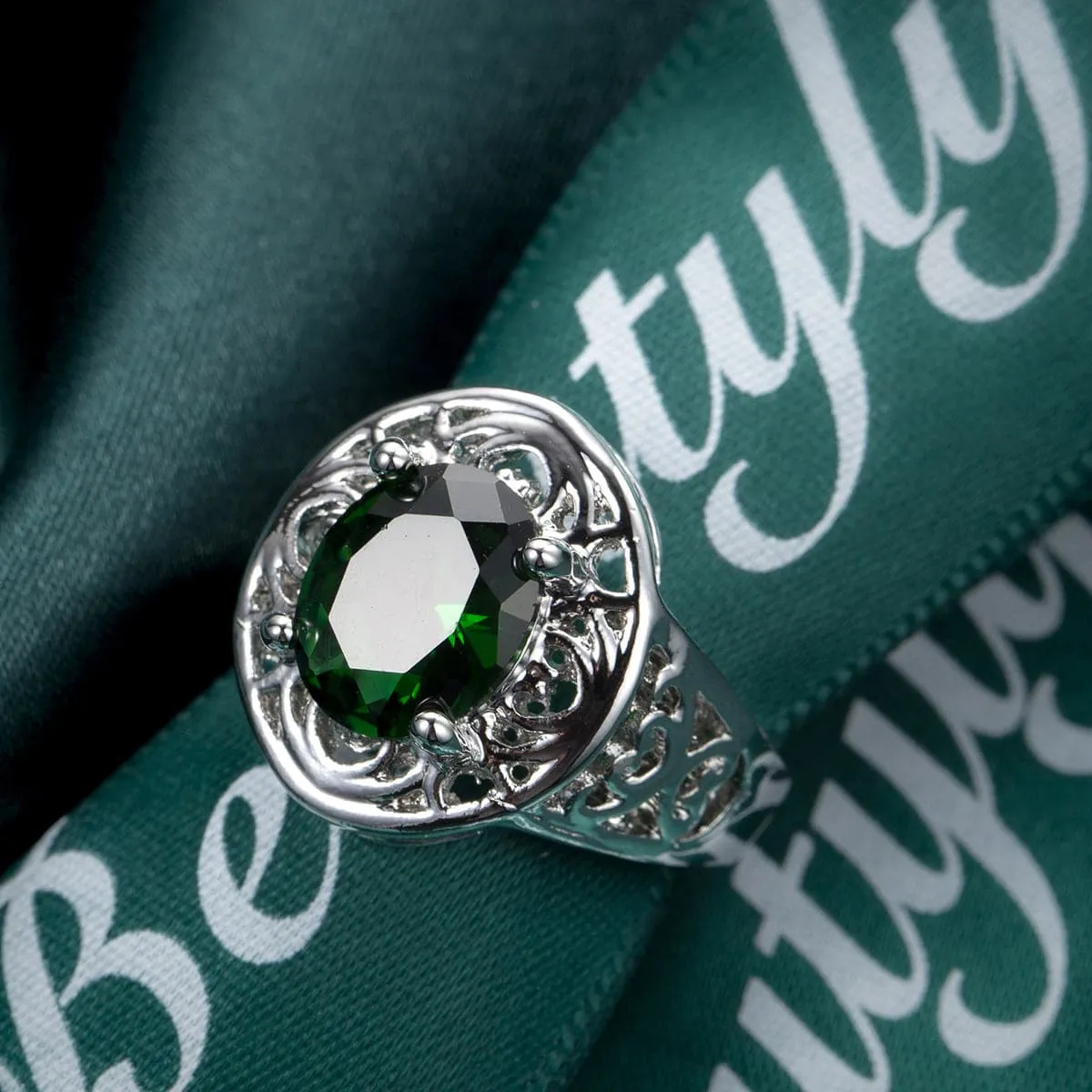 Green Crystal & Silver-Plated Floral Ring