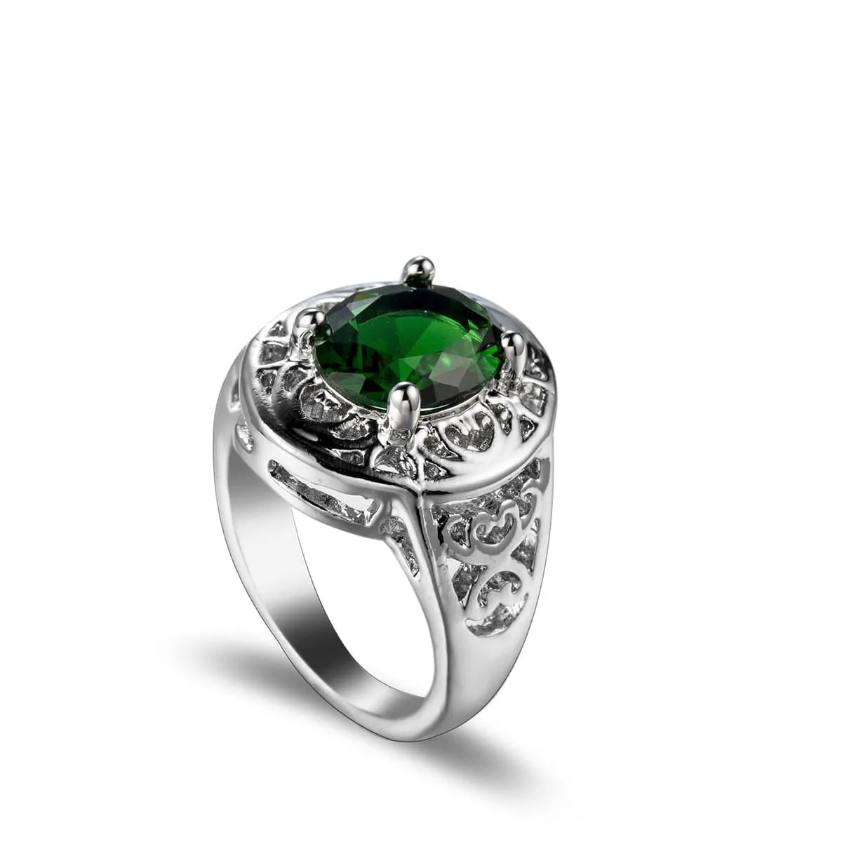 Green Crystal & Silver-Plated Floral Ring