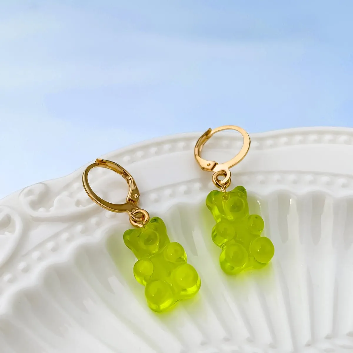 Green Resin & 18K Gold-Plated Bear Huggie Drop Earrings