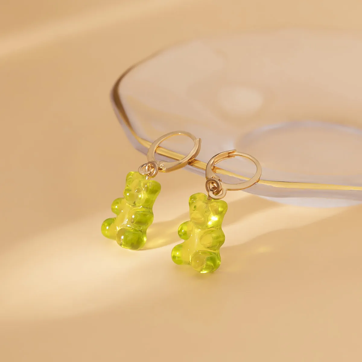 Green Resin & 18K Gold-Plated Bear Huggie Drop Earrings