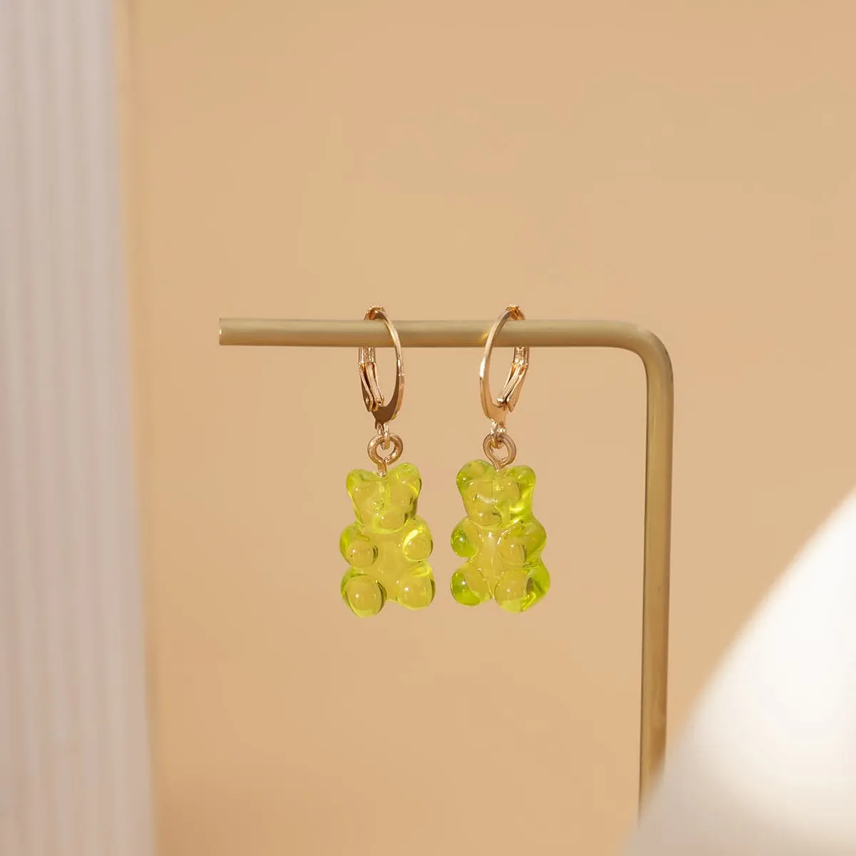 Green Resin & 18K Gold-Plated Bear Huggie Drop Earrings