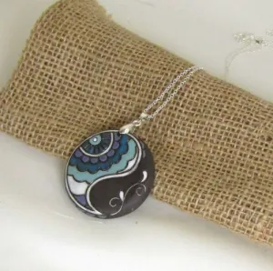 Grey, Aqua & White Artisan Bead Pendant Necklace