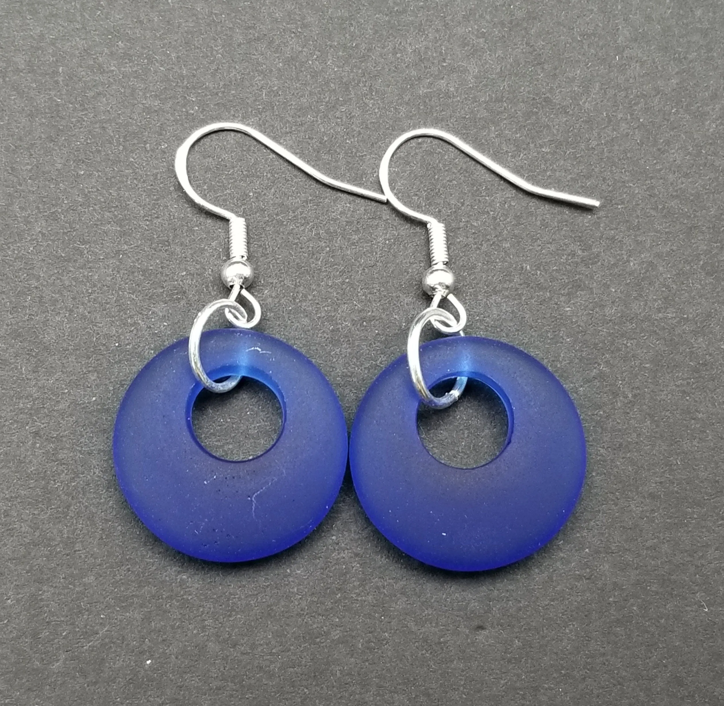 Hawaiian Jewelry Sea Glass Earrings, Circle Minimalist Jewelry Cobalt Earrings, Beach Sea Glass Birthday Gift (September Birthstone)