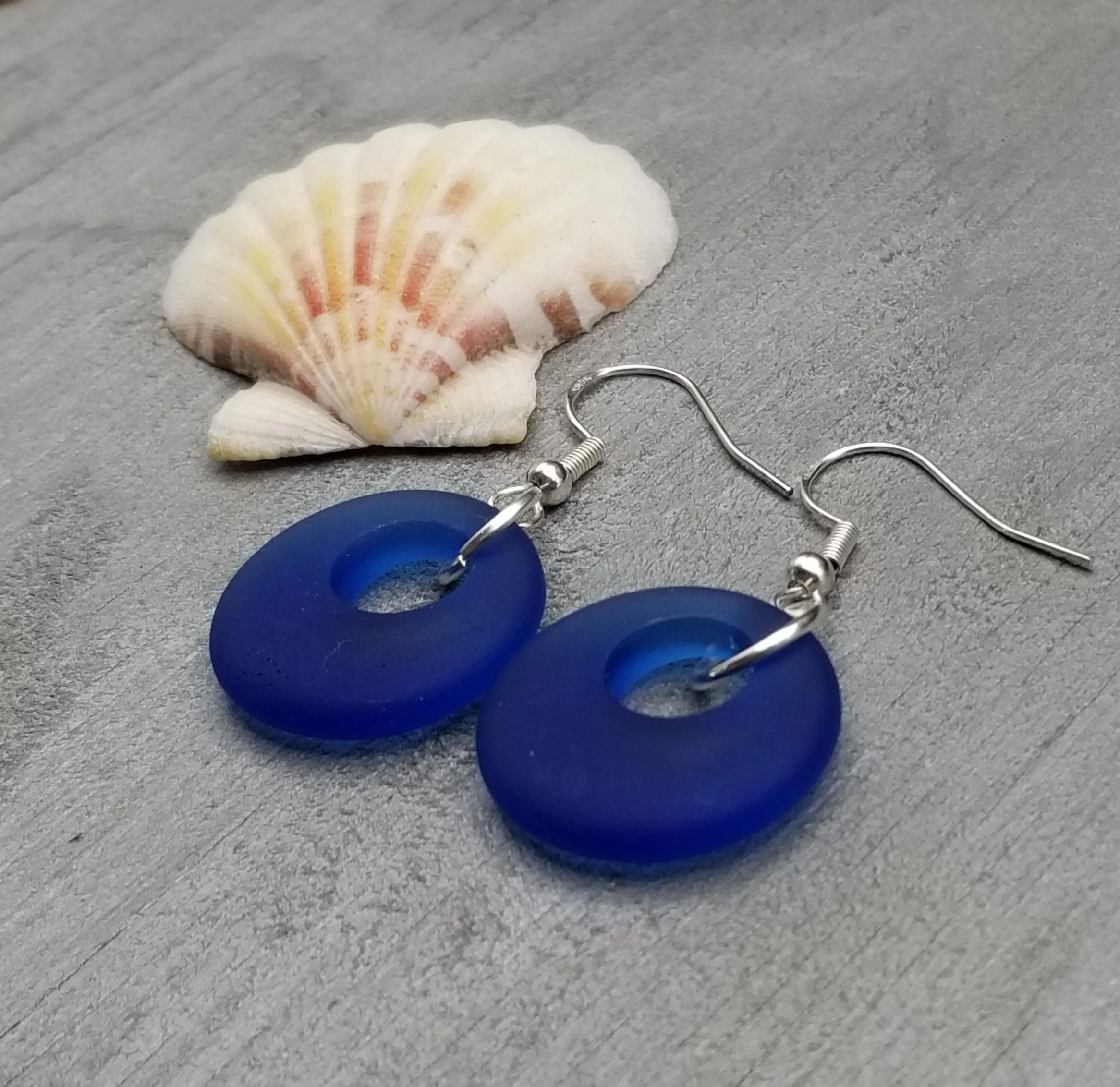 Hawaiian Jewelry Sea Glass Earrings, Circle Minimalist Jewelry Cobalt Earrings, Beach Sea Glass Birthday Gift (September Birthstone)