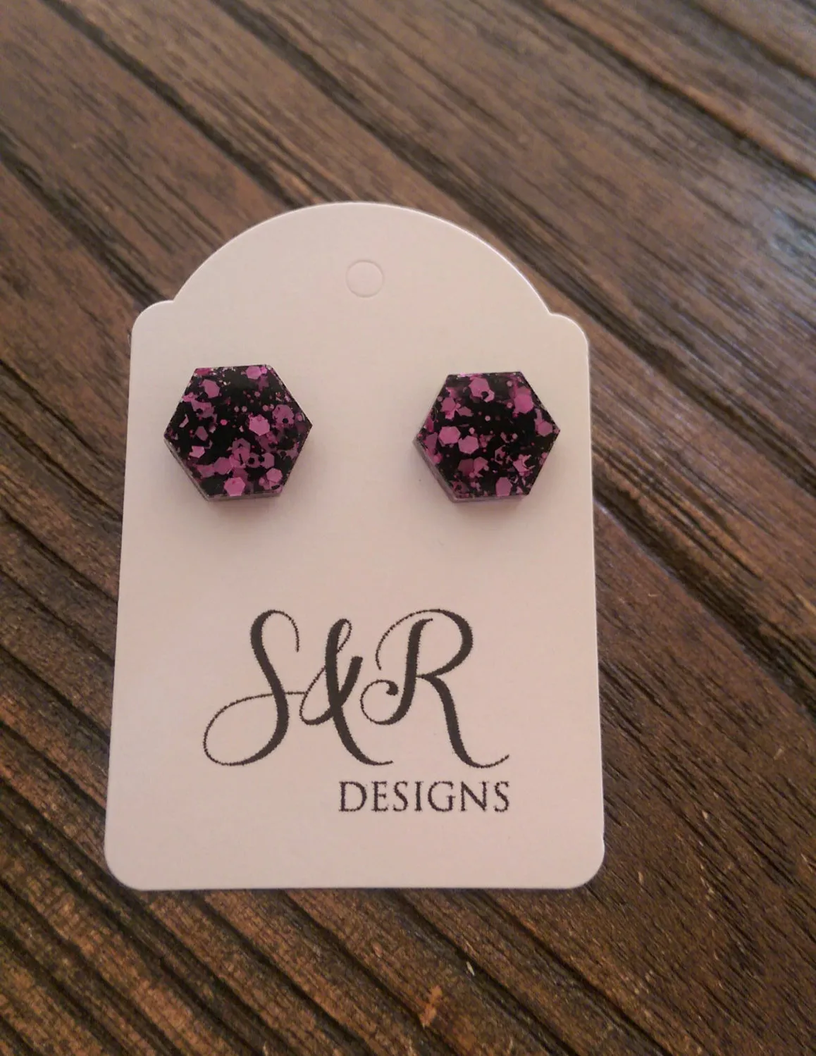 Hexagon Resin Stud Earrings, Black Pink Glitter Earrings. Stainless Steel Stud Earrings. 10mm