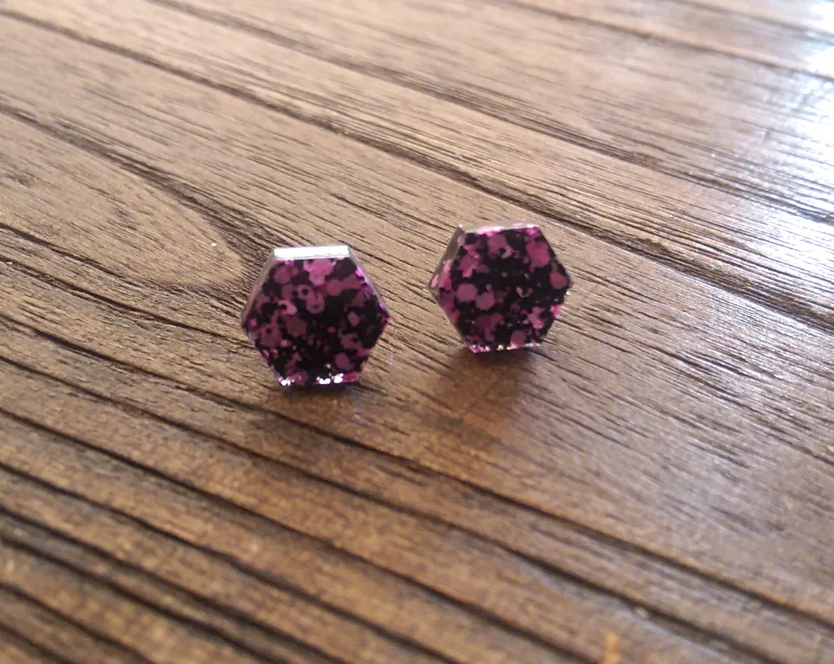 Hexagon Resin Stud Earrings, Black Pink Glitter Earrings. Stainless Steel Stud Earrings. 10mm