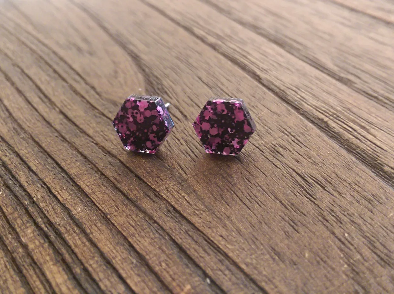 Hexagon Resin Stud Earrings, Black Pink Glitter Earrings. Stainless Steel Stud Earrings. 10mm