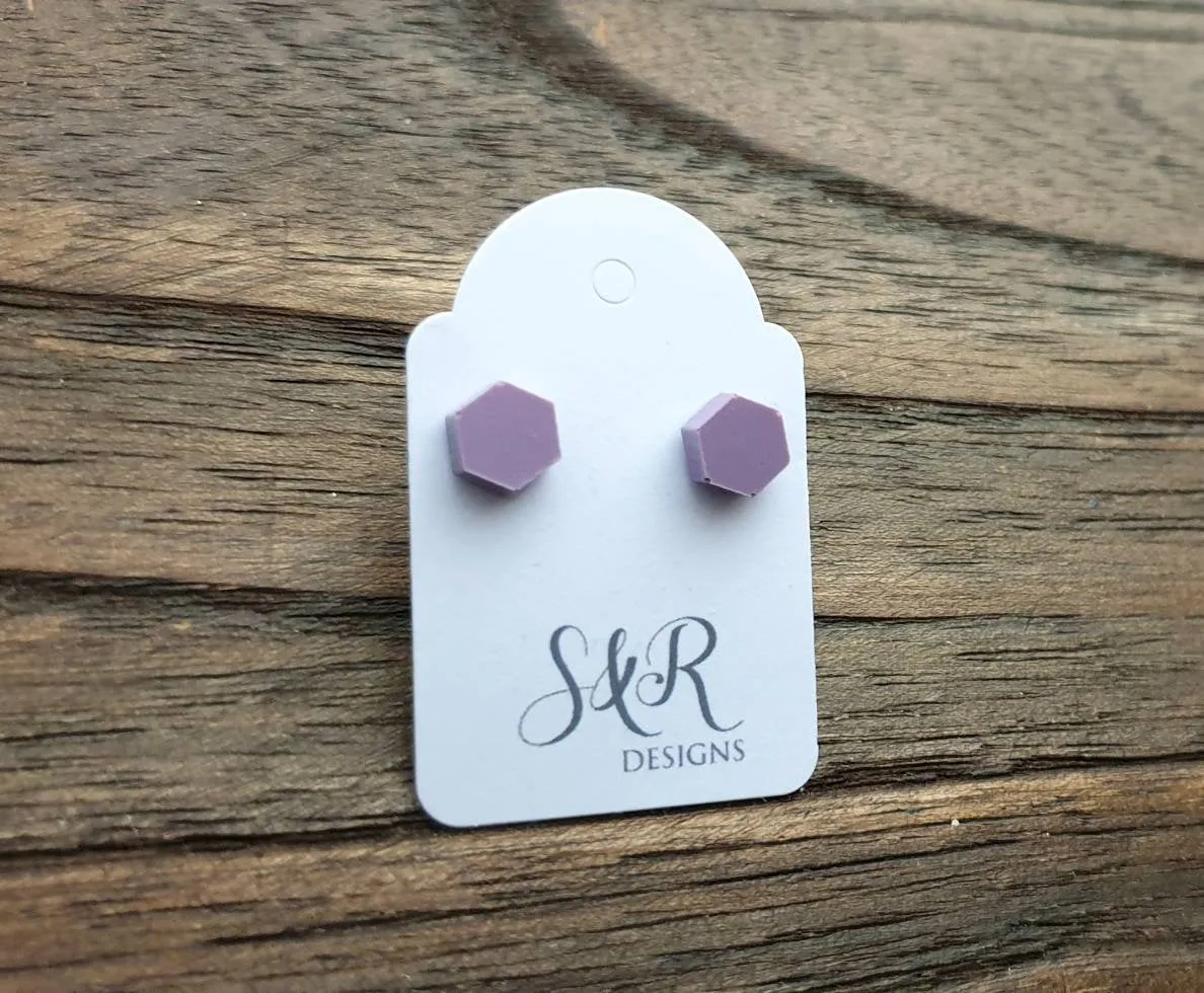 Hexagon Resin Stud Earrings Lilac Purple Earrings. Stainless Steel Stud Earrings. 6mm Mini Earrings