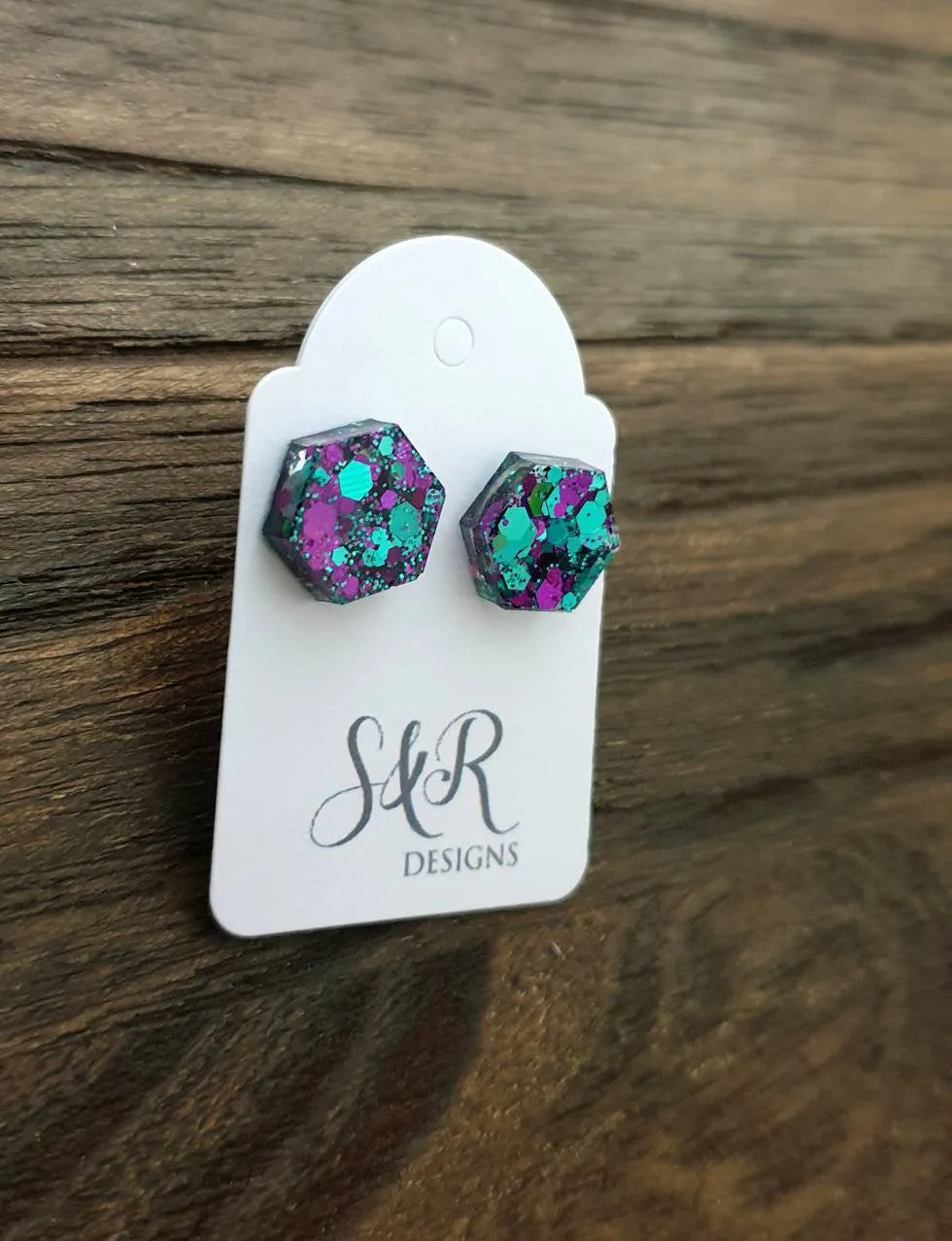 Hexagon Stud Earring, Resin Teal Purple Mix Earrings. Stainless Steel Stud Earrings. 10mm
