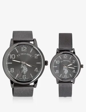 HIS & HERS BLACK MESH STRAP WATCH SET