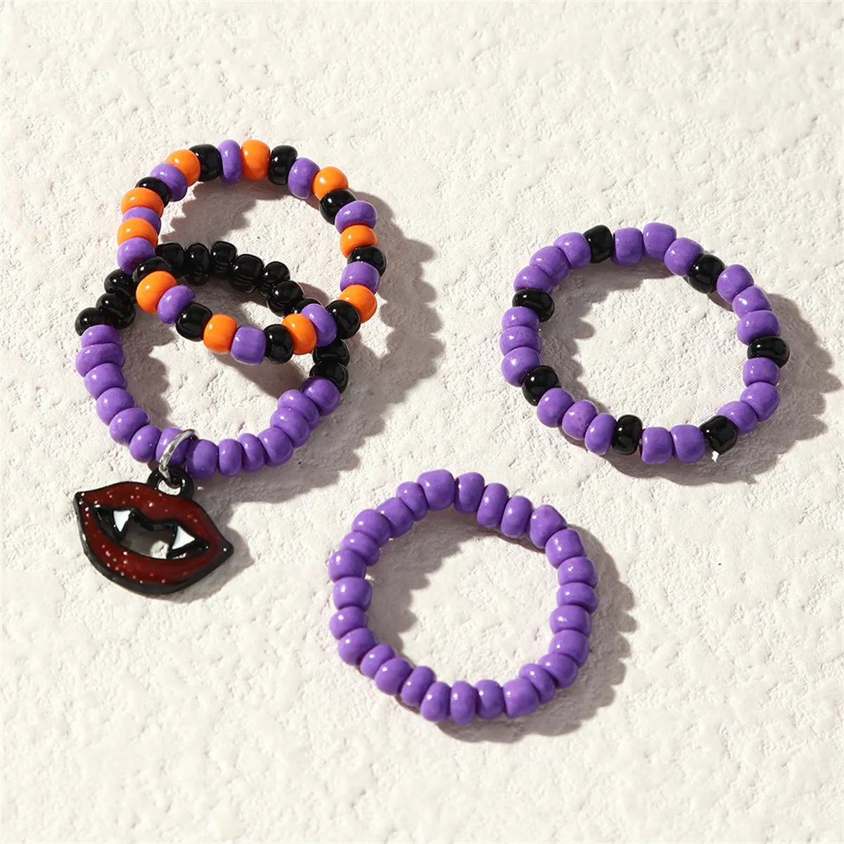 Howlite & Silver-Plated Vampire Charm Stretch Ring Set