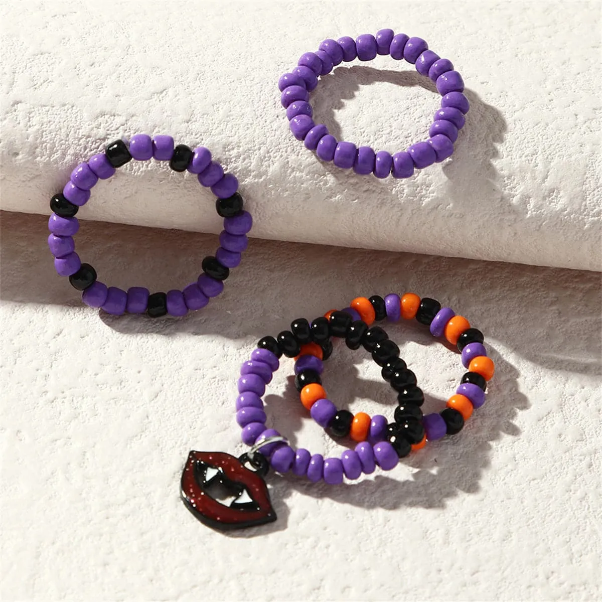 Howlite & Silver-Plated Vampire Charm Stretch Ring Set