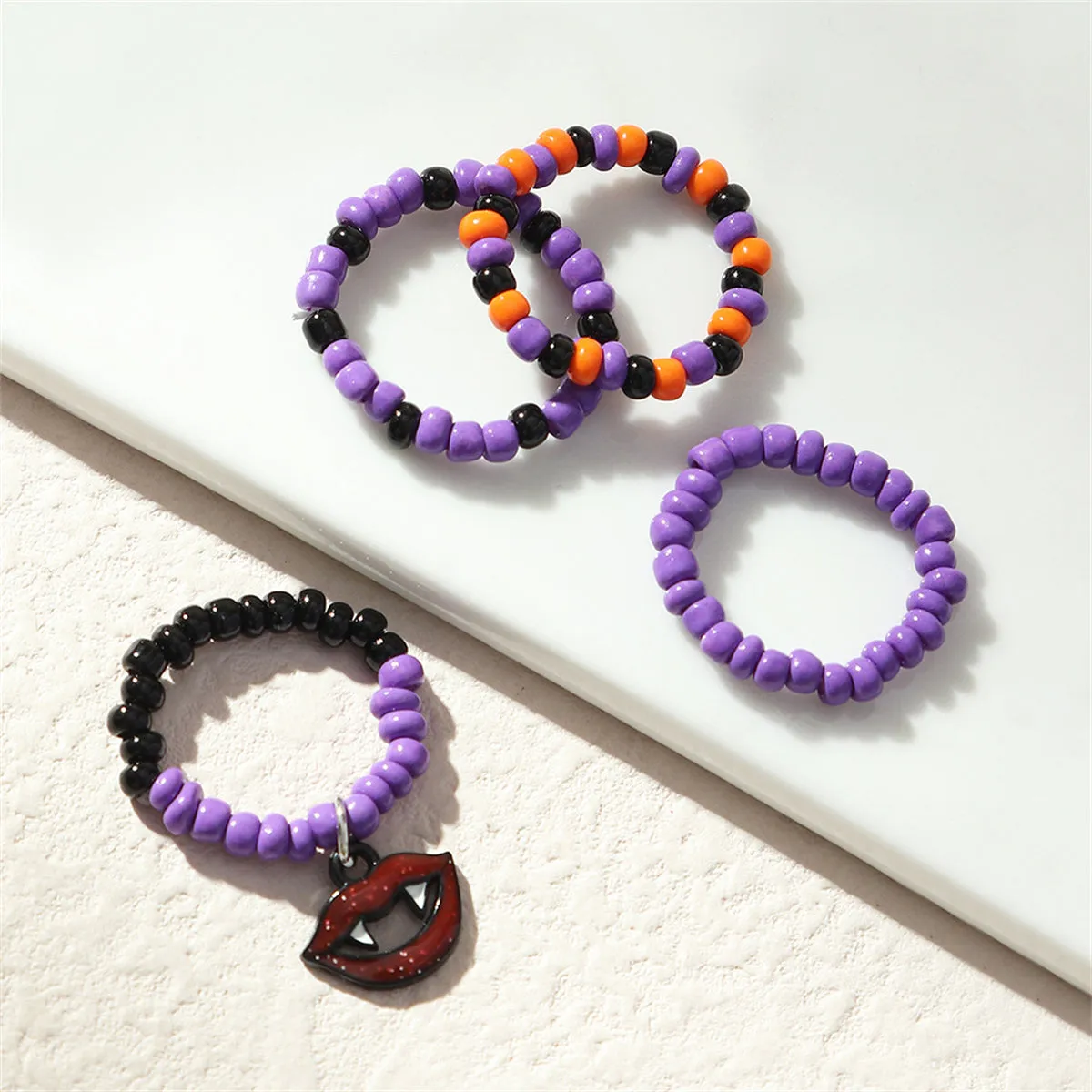 Howlite & Silver-Plated Vampire Charm Stretch Ring Set