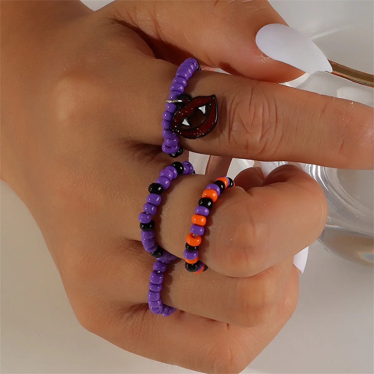 Howlite & Silver-Plated Vampire Charm Stretch Ring Set