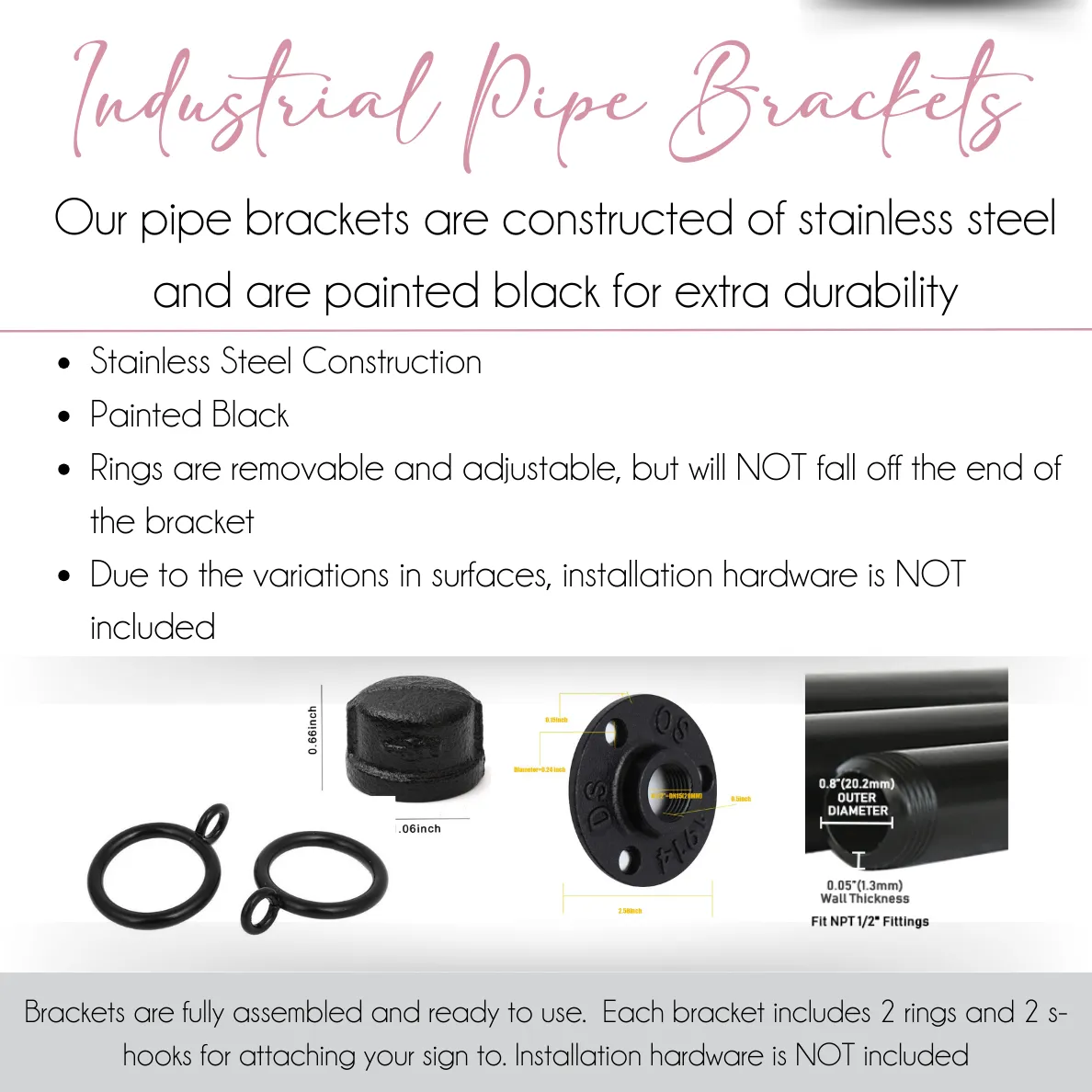 Industrial Pipe Bracket with Adjustable Rings for Custom Signage- 1/2" x 36"- BRACKET ONLY