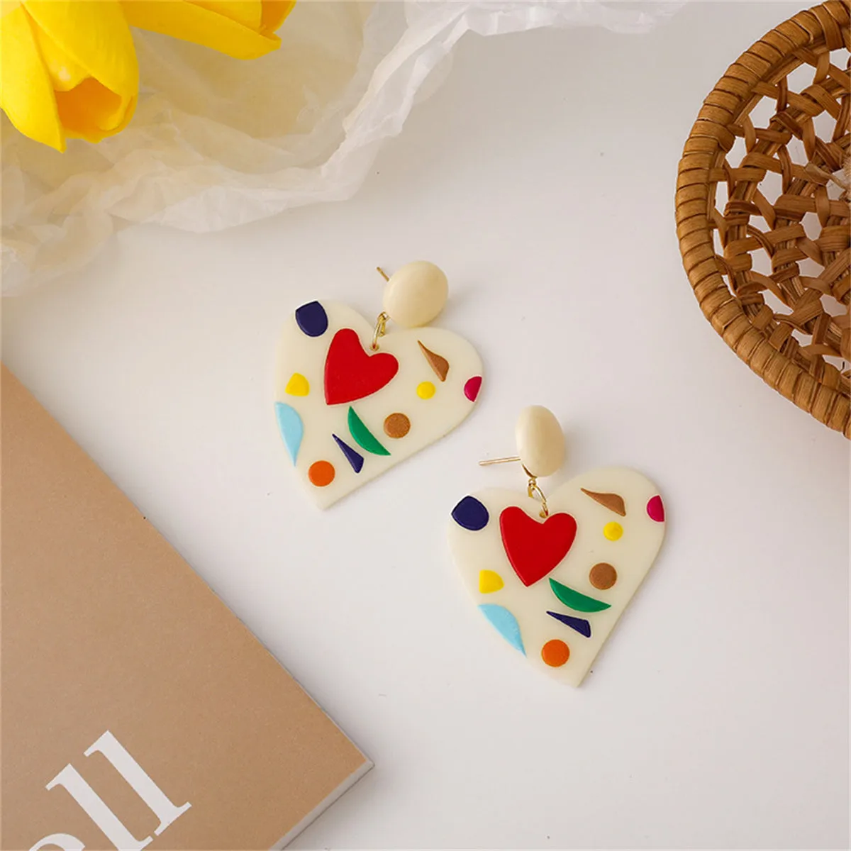 Ivory Resin & Red Acrylic 18K Gold-Plated Heart Drop Earrings