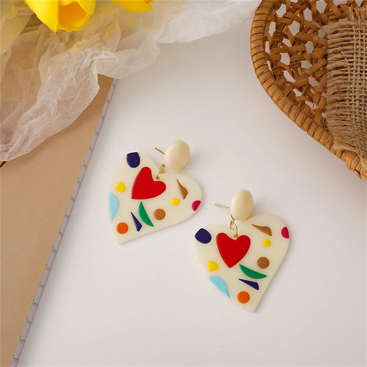 Ivory Resin & Red Acrylic 18K Gold-Plated Heart Drop Earrings