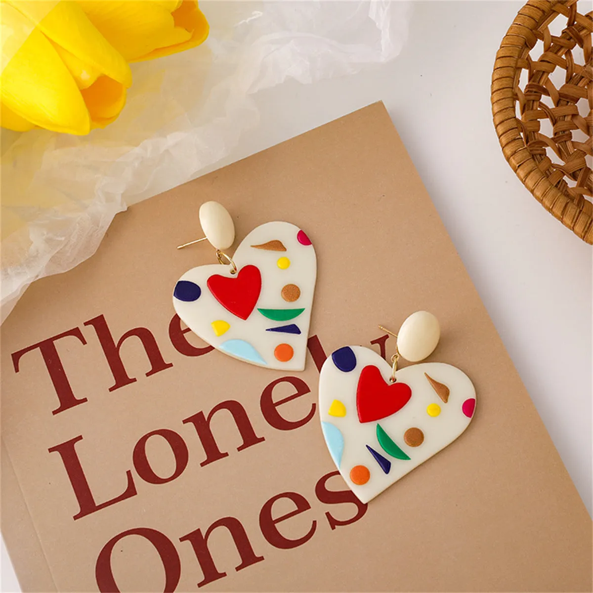 Ivory Resin & Red Acrylic 18K Gold-Plated Heart Drop Earrings