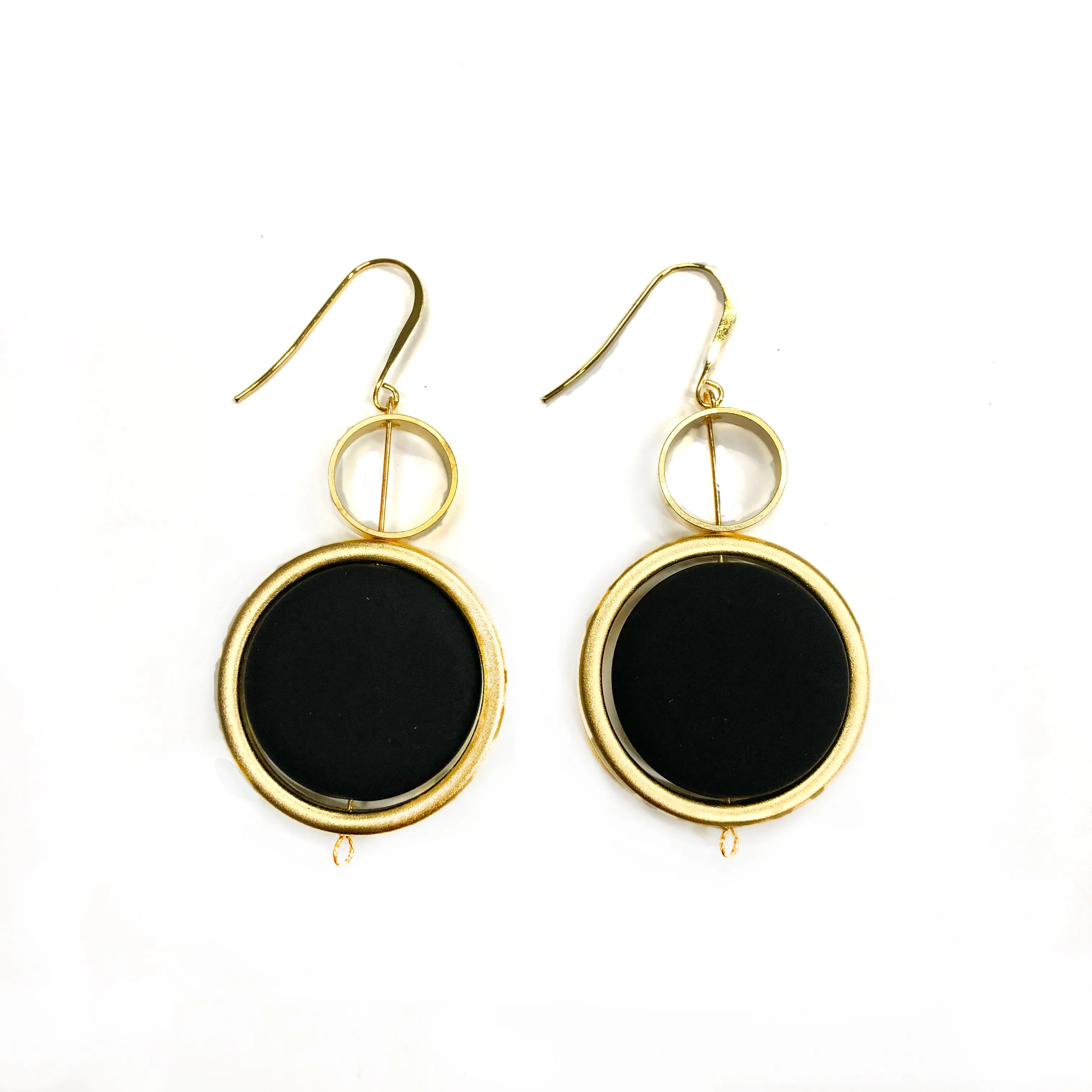 Kelly - Stunning 24K gold and black large circular dangle earrings