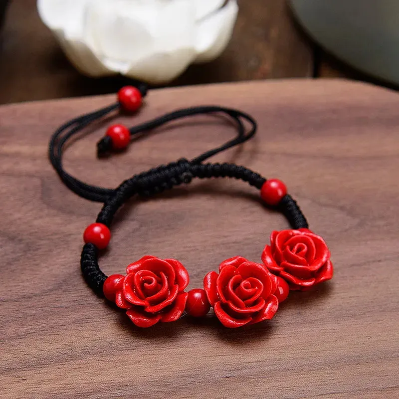Korean Handmade Wove Rose Flower Bracelet For Women Girl Fashion Lacquer Red Rope Beaded Bracelet Accessorie Party Jewelry Gifts