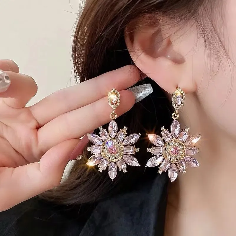 Korean style pink crystal flowers drop earrings